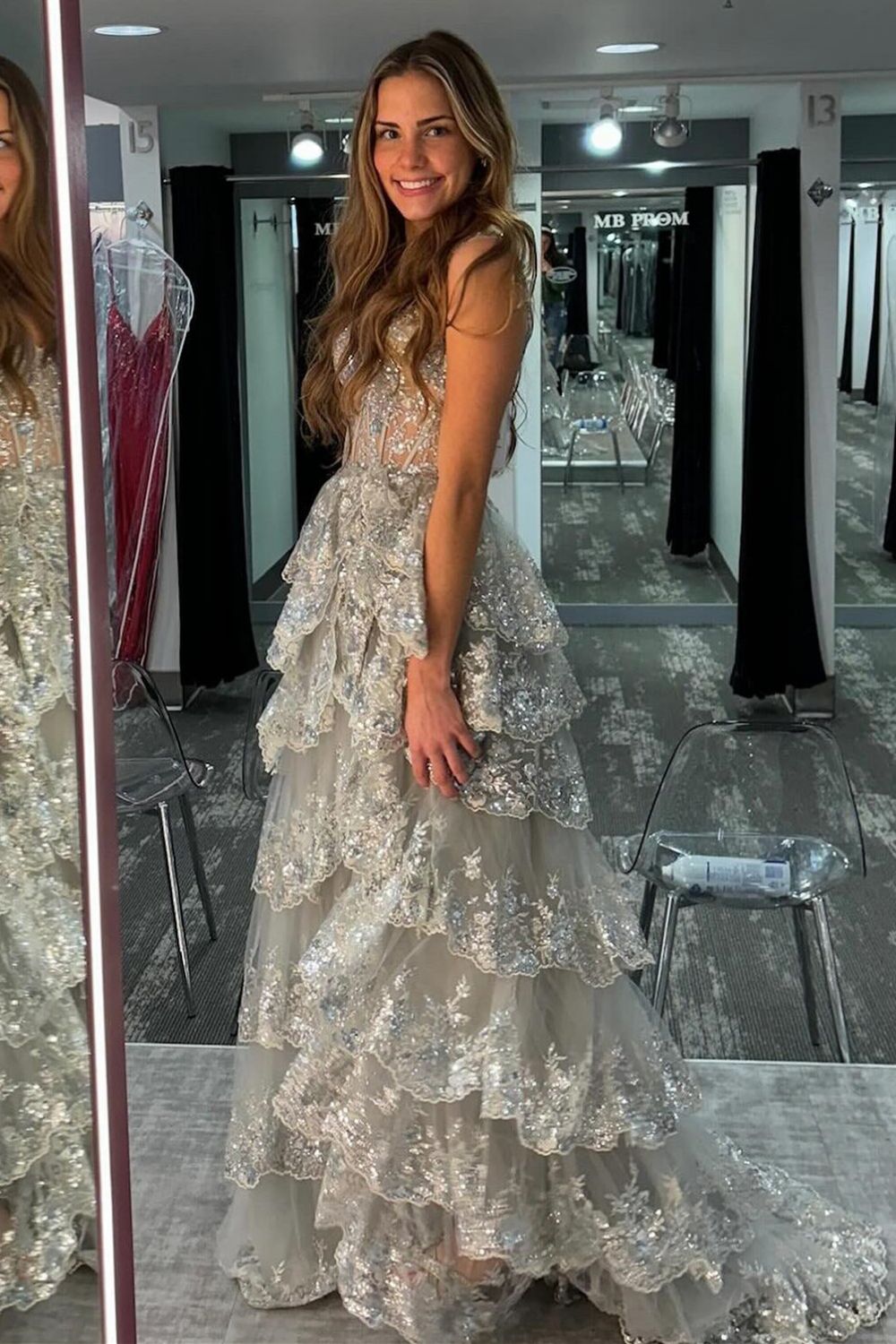 Princess A Line Sweetheart Silver Corset Prom Dress with Lace Ruffles - View 2 | VelvetHem