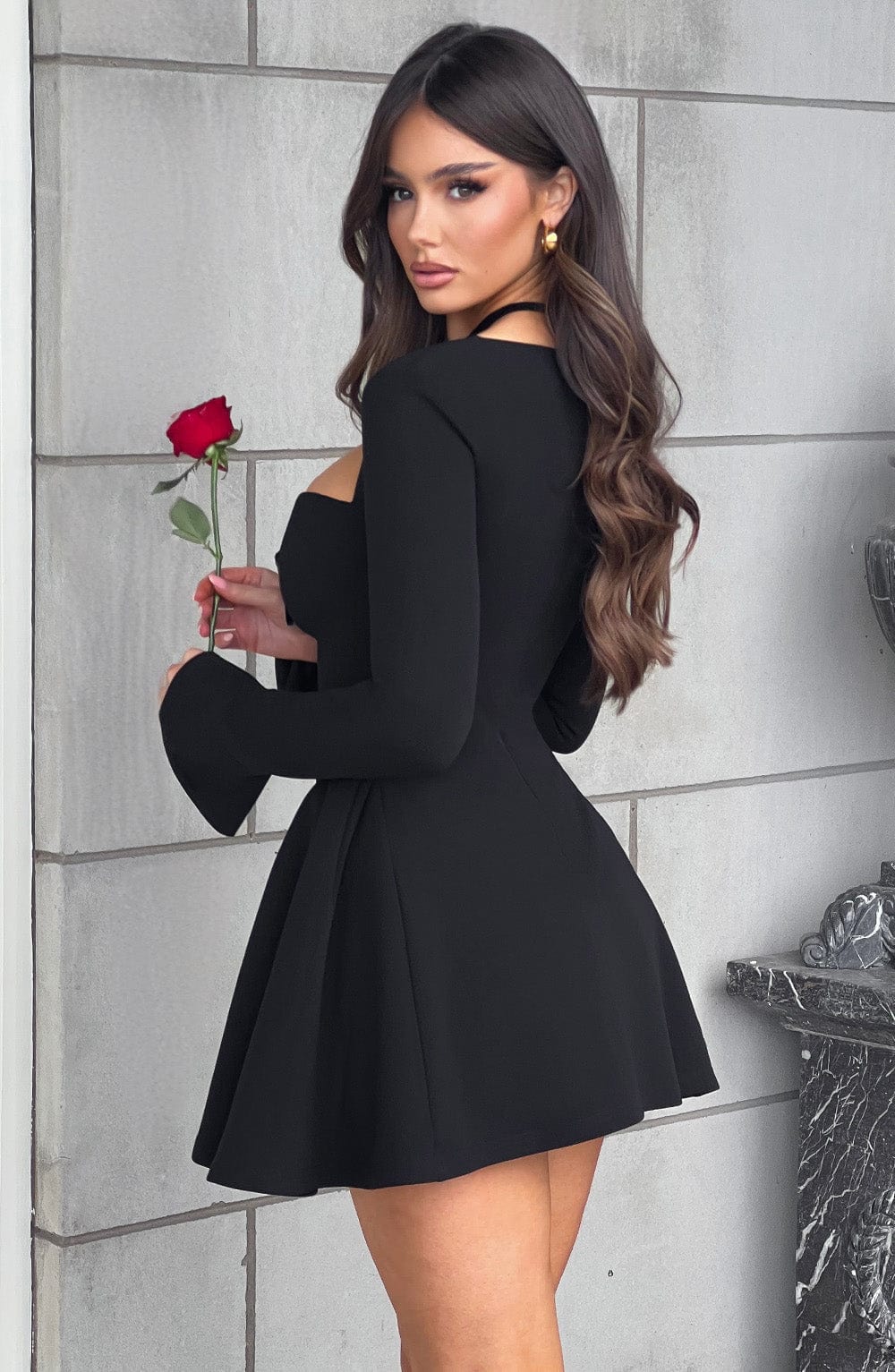 Salomé A - Line Pleated Full Sleeves Mini Dress