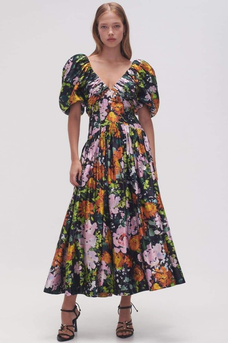Xaviera Exclusive Printed Midi Dress with V Neck and Puff Sleeves Premium Wardrobe Essential
