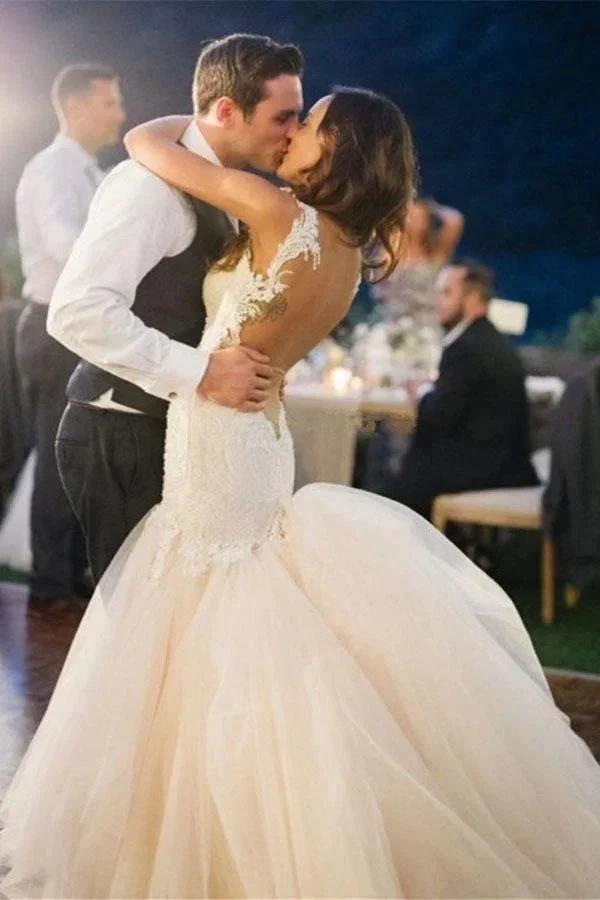 Mermaid Boat Neck Court Train Ivory Tulle Wedding Dress (ZD15449)