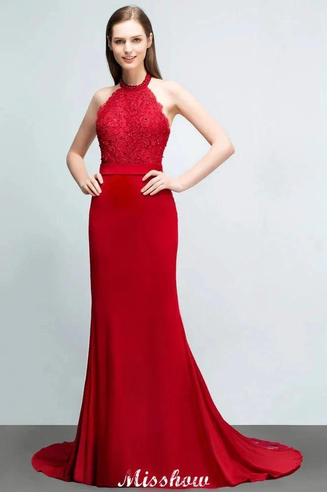 Mermaid Charmeuse Lace Halter SleevelessBridesmaid Dress Floor-Length Prom Dress by misshow.com
