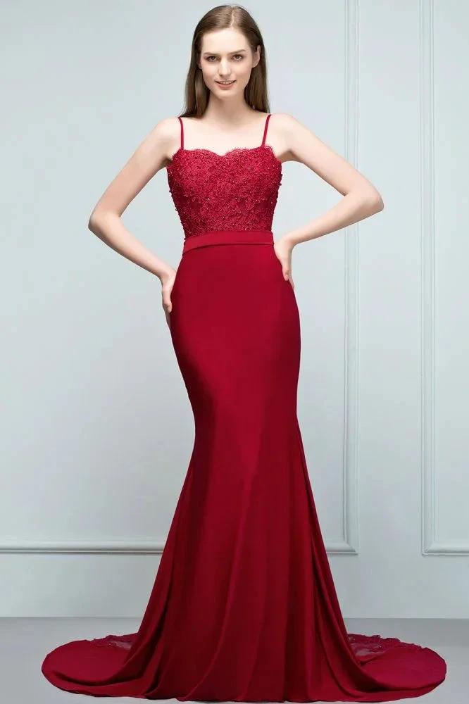 Mermaid Charmeuse Lace Spaghetti-Straps Sweetheart Sleeveless Floor-Length Bridesmaid Dresses with Beads (ZD13117) - VelvetHem