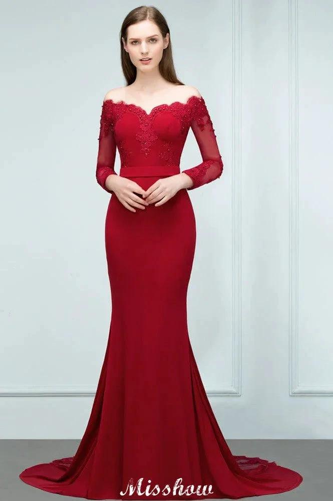 Mermaid Charmeuse Off-the-Shoulder V-Neck Floor-Length Bridesmaid Dress with Appliques (ZD12923) - VelvetHem
