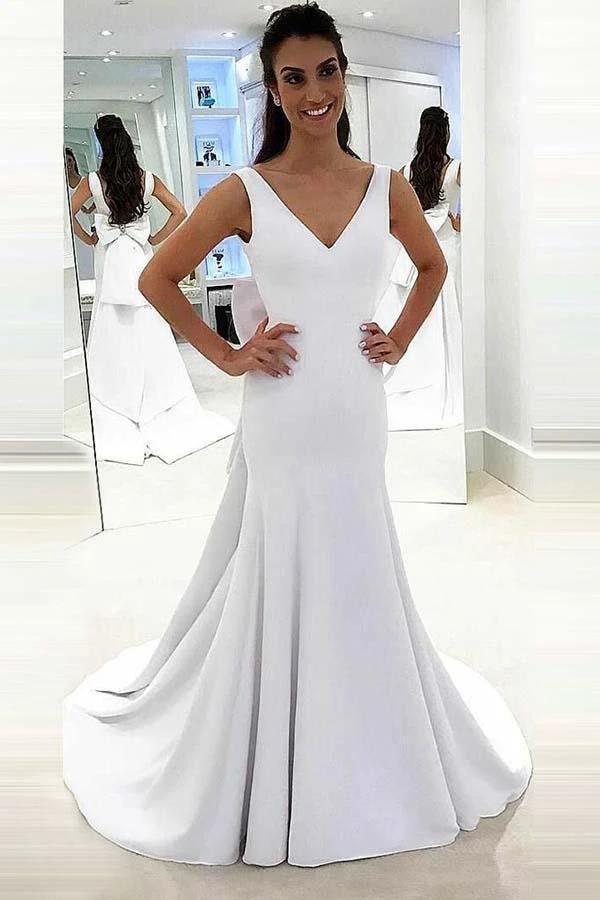 Mermaid Deep V-Neck Sweep Trian White Satin Backless Wedding Dress (ZD15448)