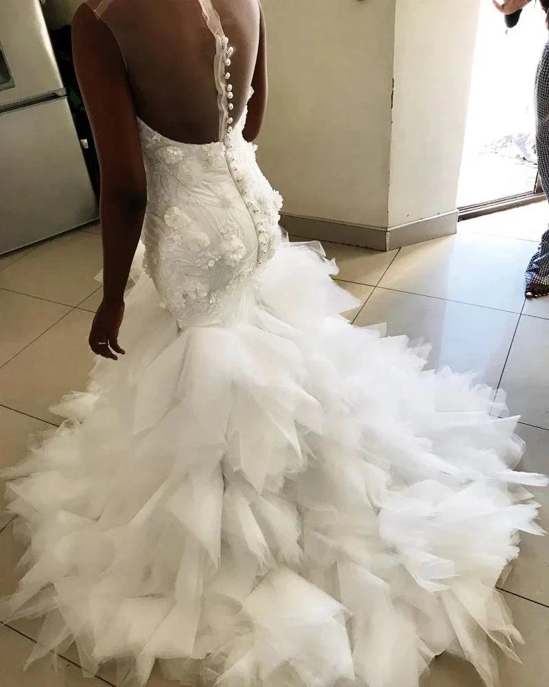 Mermaid Floral Appliques Ruffless Wedding Dress Sheer Tulle Backless Sleeveless Bridal Wears (ZD13829)