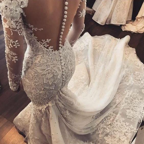 Mermaid Ivory Lace  Sweep/Brush Train Scoop Long Sleeve Wedding Dress (ZD15288)
