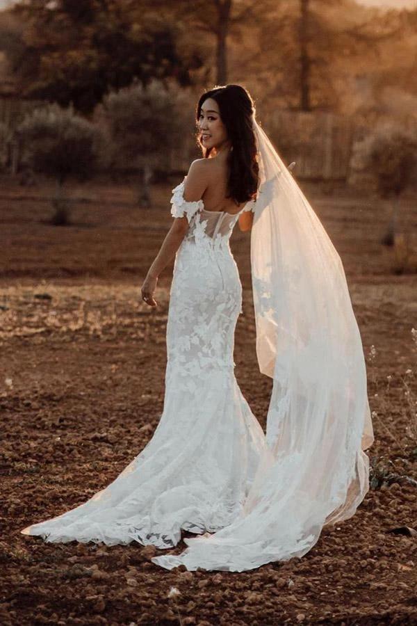 Mermaid Off-the-shoulder Tull Applique Amazing Rustic Wedding Dress (ZD15274)