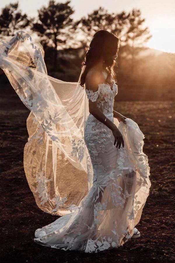 Mermaid Off-the-shoulder Tull Applique Amazing Rustic Wedding Dress (ZD15274) - VelvetHem