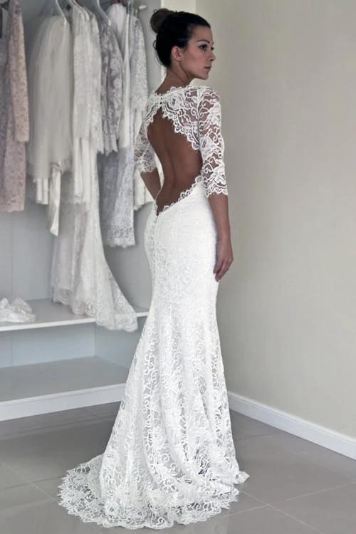 Mermaid Scoop Open Back Long Sleeves Wedding Dresses With Appliques (ZD15444)