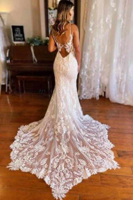 Mermaid Spaghetti Straps V-neck Backless Lace Wedding Dresses (ZD16400)