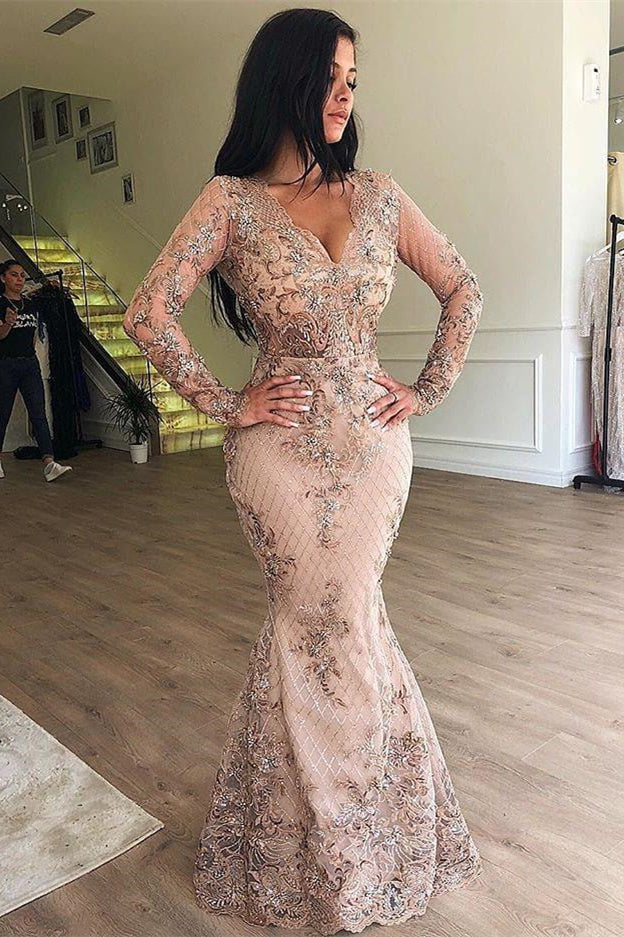 Mermaid V-neck Long Sleeves Appliqued Prom Dresses with Detachable Skirt