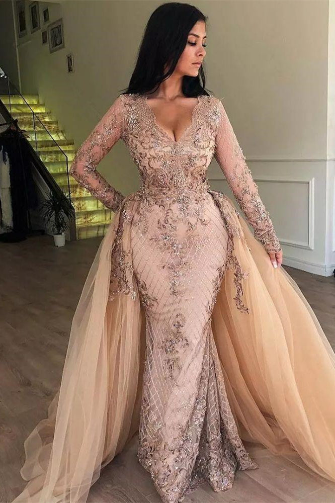 Mermaid V-neck Long Sleeves Appliqued Prom Dresses with Detachable Skirt