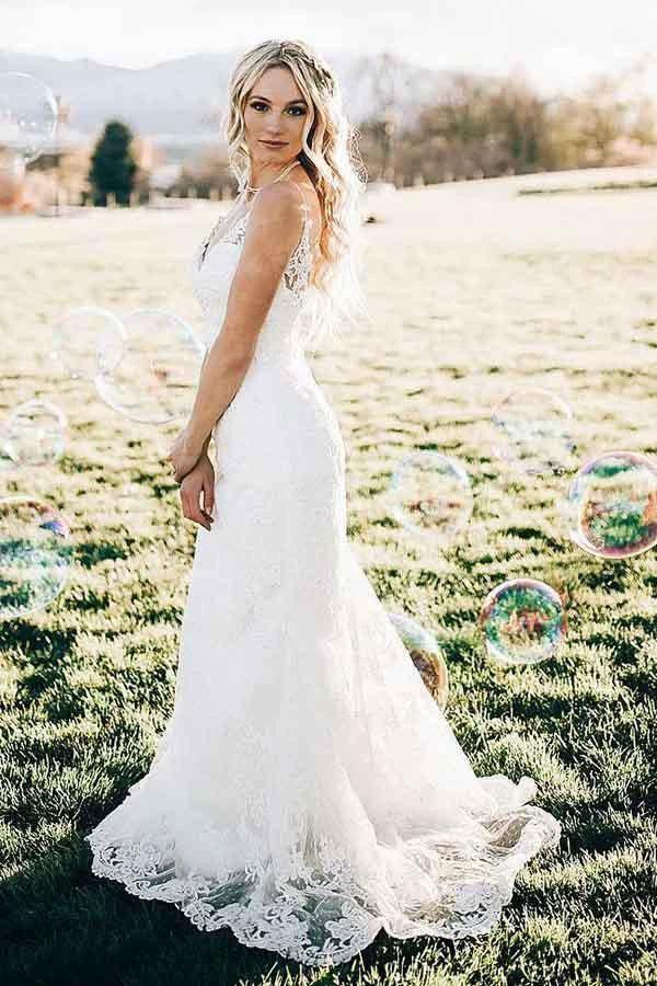 Mermaid V-Neck Sweep Train Sleeveless Lace Wedding Dress (ZD15388)