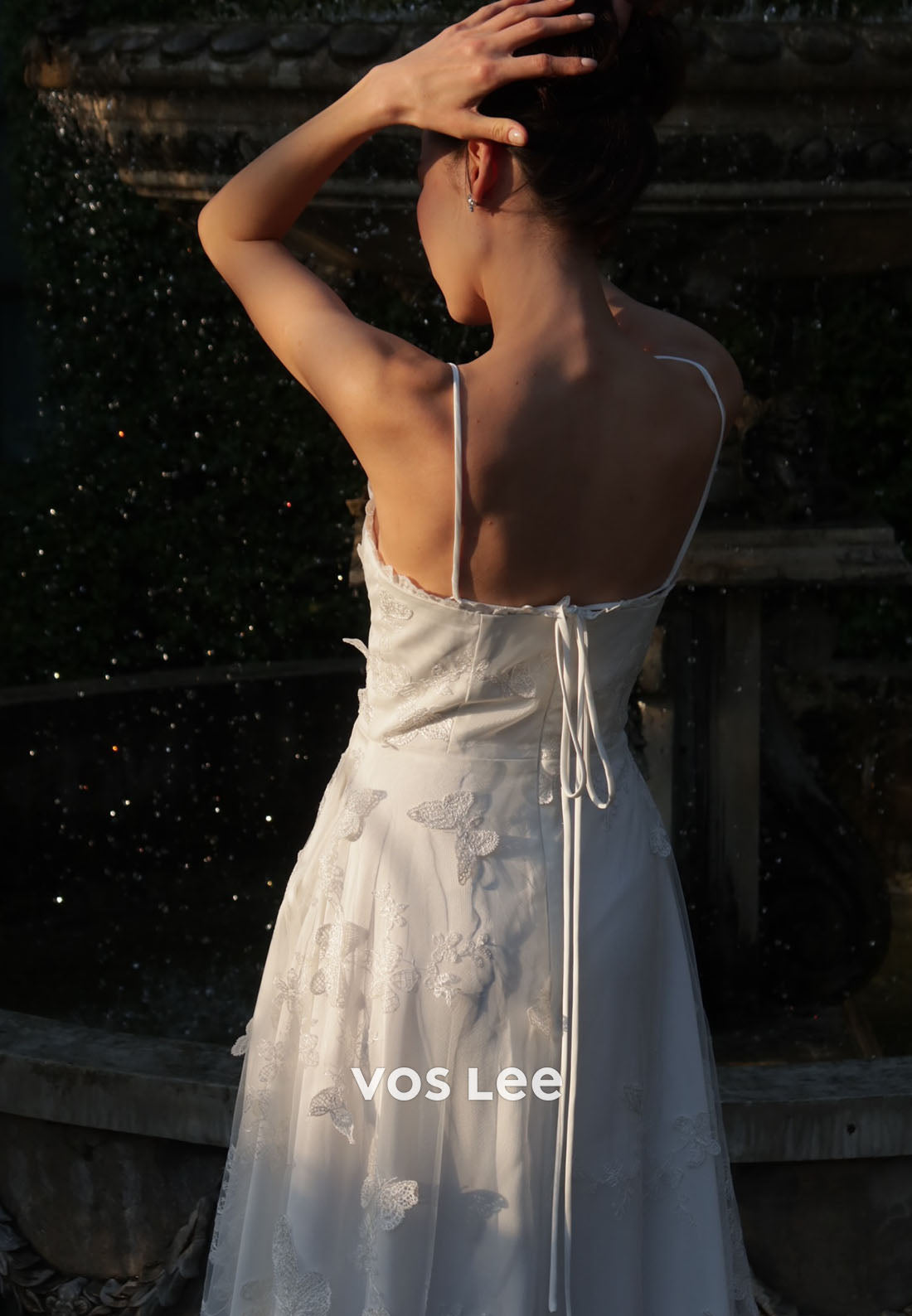 White 3D Butterfly Appliqué Midi Wedding Dress | Spaghetti Strap Bridal Gown