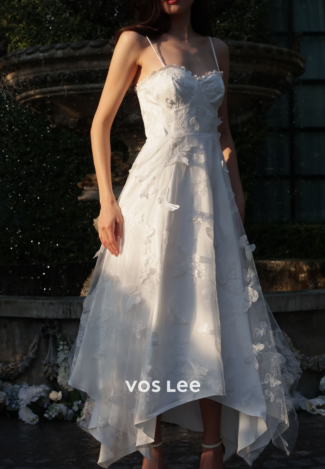 White 3D Butterfly Appliqué Midi Wedding Dress | Spaghetti Strap Bridal Gown