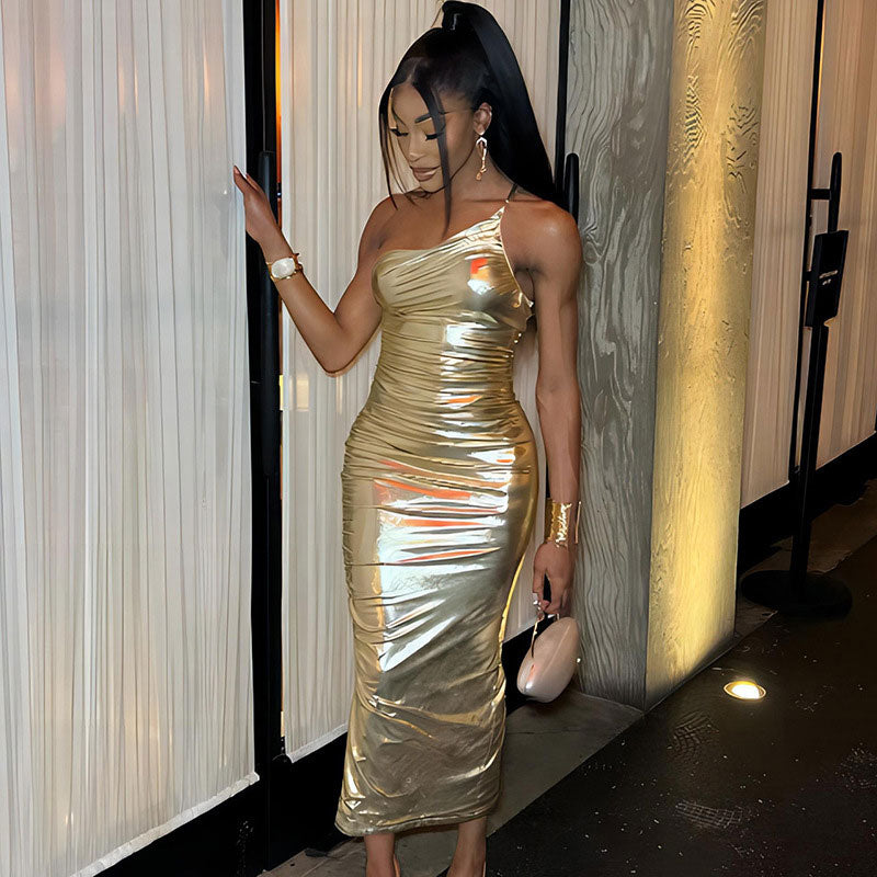 Ruched Spaghetti Strap One Shoulder Bodycon Party Maxi Dress - Gold