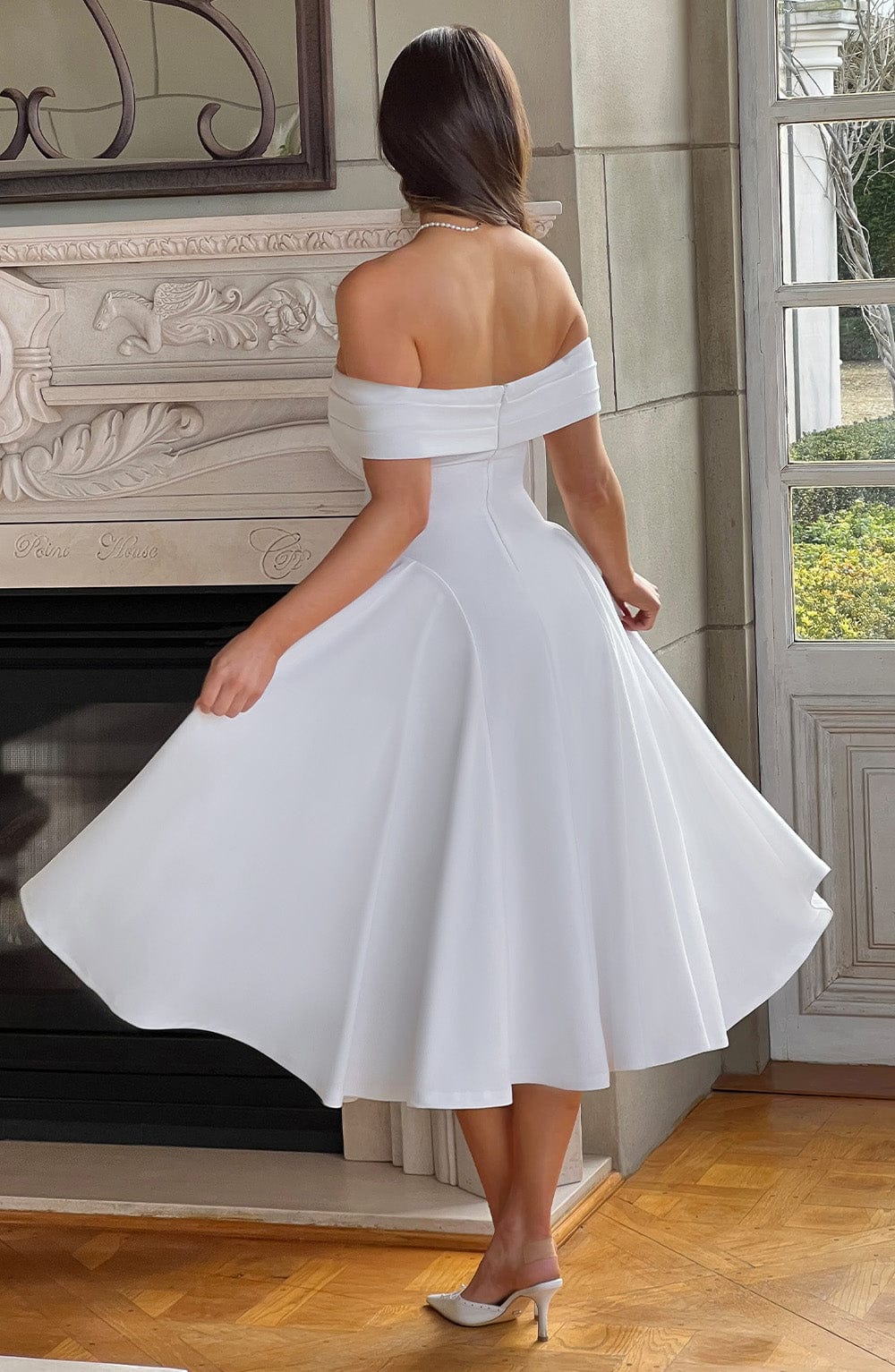 Mila Off Shoulder Pleated Midi Dress
