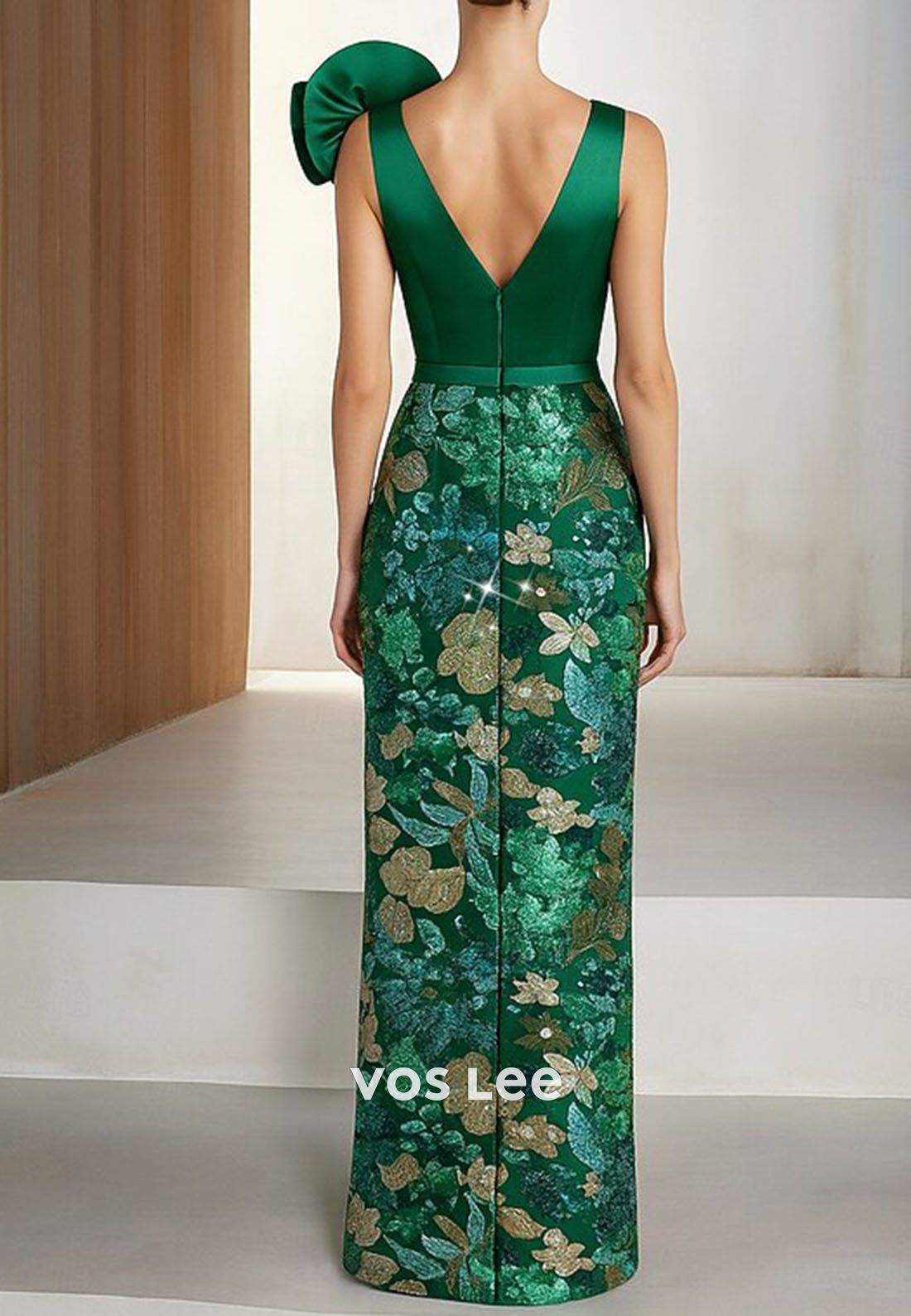 Luxury V-Neck Green Beaing Flowers With Shoulder Flowers Evening Dress