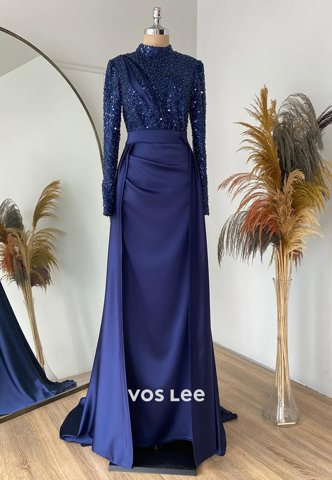 Sparkle Sequined Long Sleeves Evening Dress Classic Satin Formal Party Gown - View 9 | VelvetHem