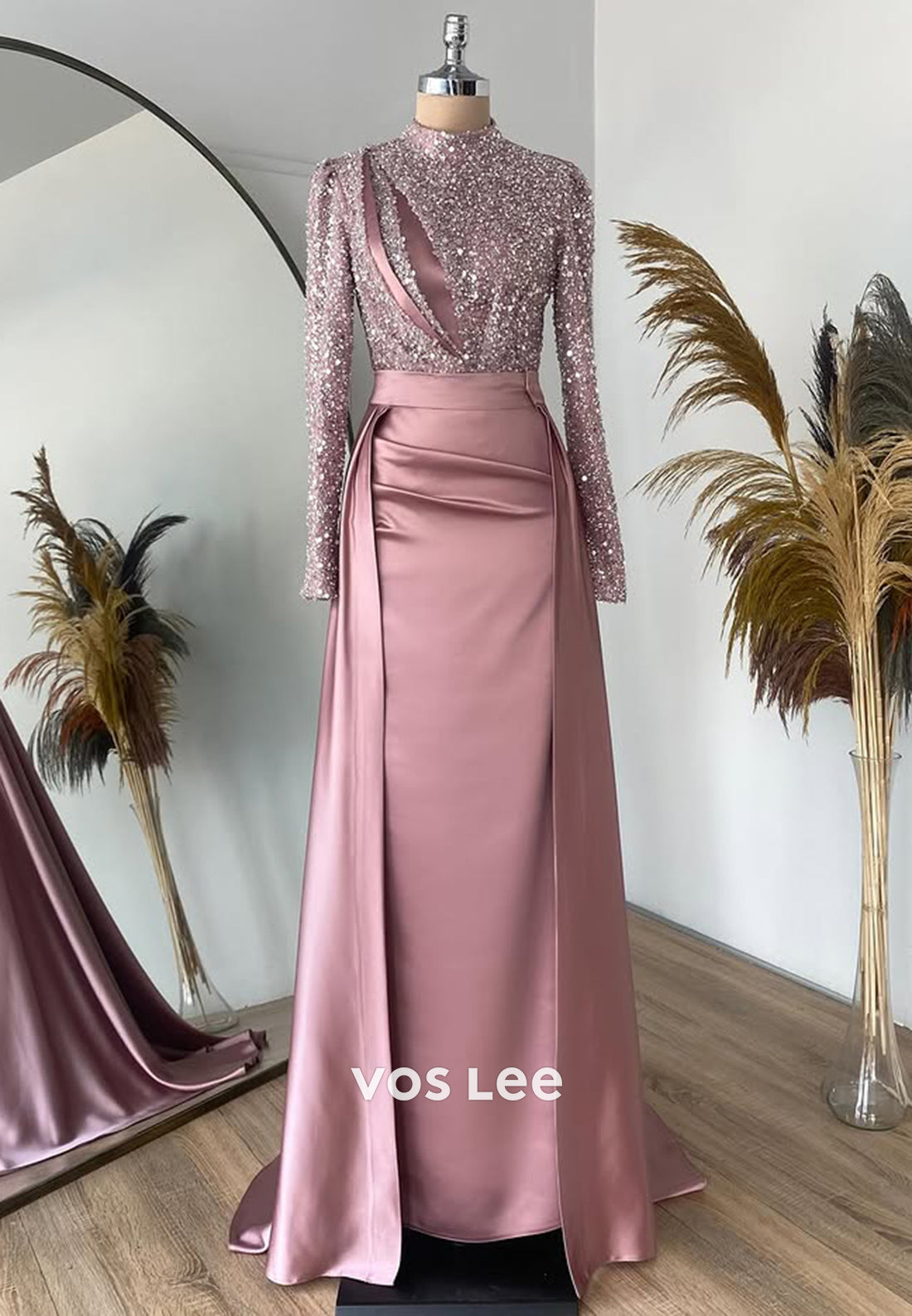 Sparkle Sequined Long Sleeves Evening Dress Classic Satin Formal Party Gown - VelvetHem