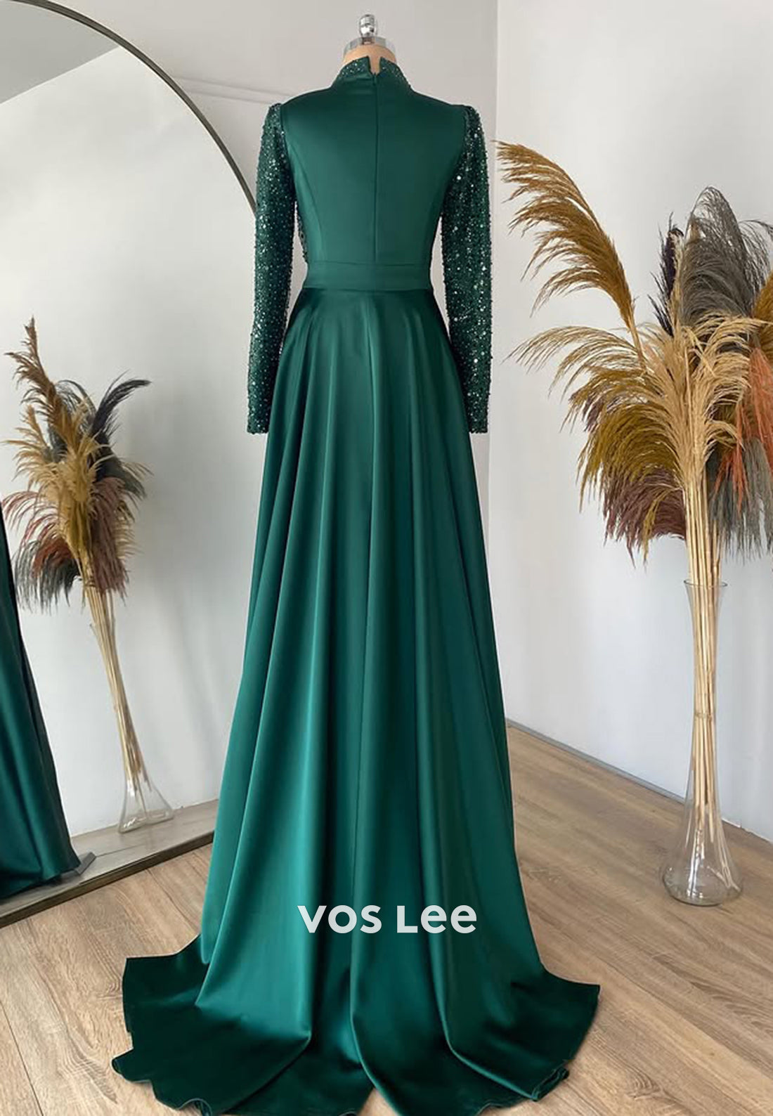 Sparkle Sequined Long Sleeves Evening Dress Classic Satin Formal Party Gown - View 4 | VelvetHem