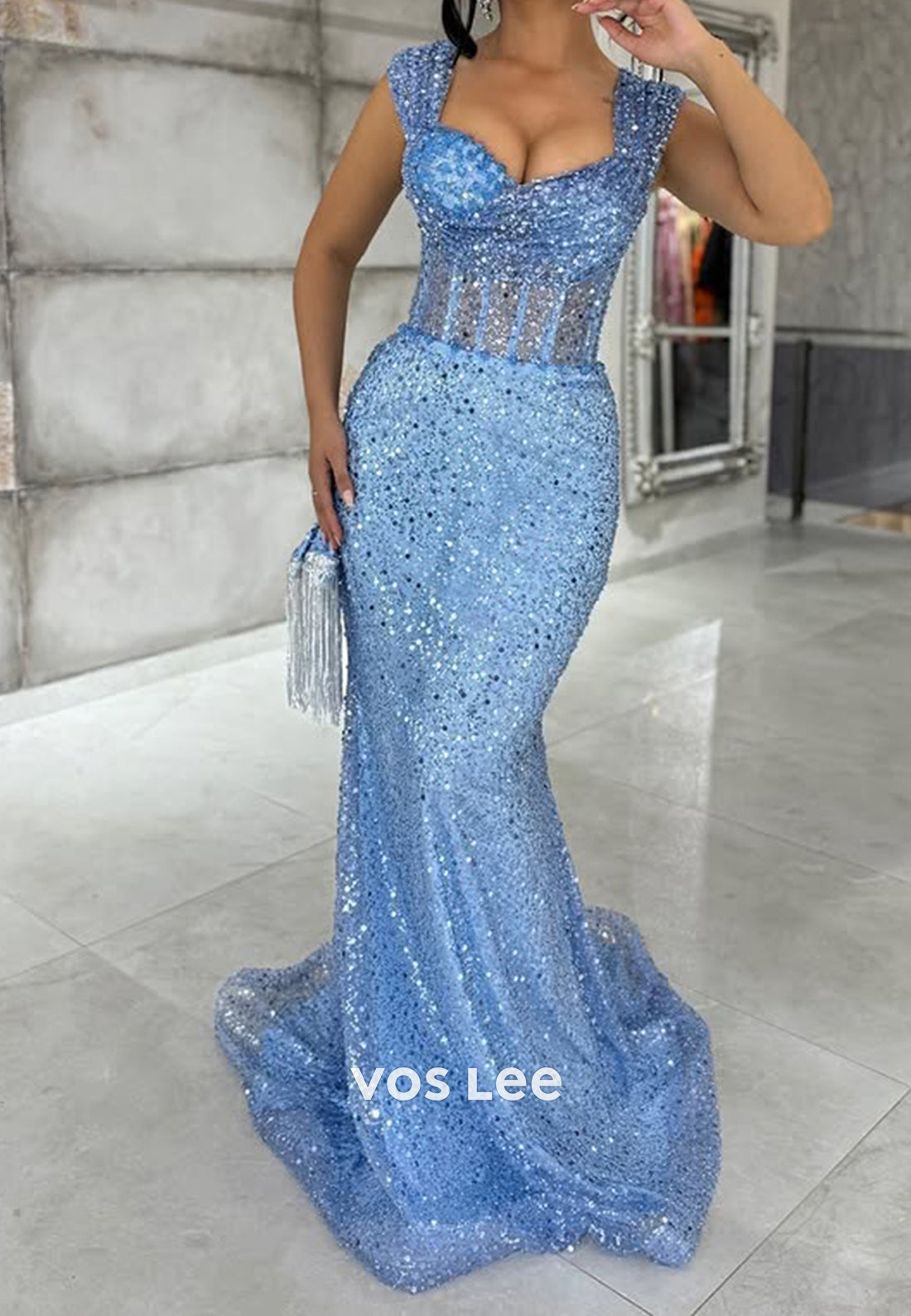 Formal Blue Square Sequined Trumpet Evening Dress Sparkle Corset Prom Gown - VelvetHem