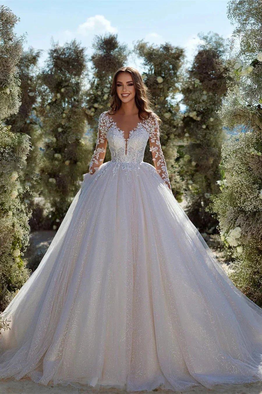 Modern A-line Lace Tulle Appliques Wedding Dress With Long Sleeves (ZD16412) - VelvetHem