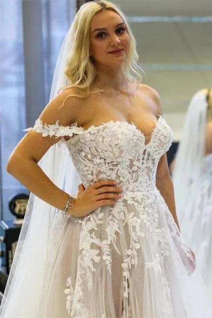 Modern A-line Off-the-shoulder Sleeveless Wedding Dresses With Lace (ZD14921)