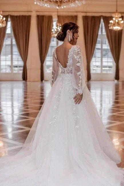 Modern A-line V-neck Lace Wedding Dresses With Long Sleeves (ZD16524)