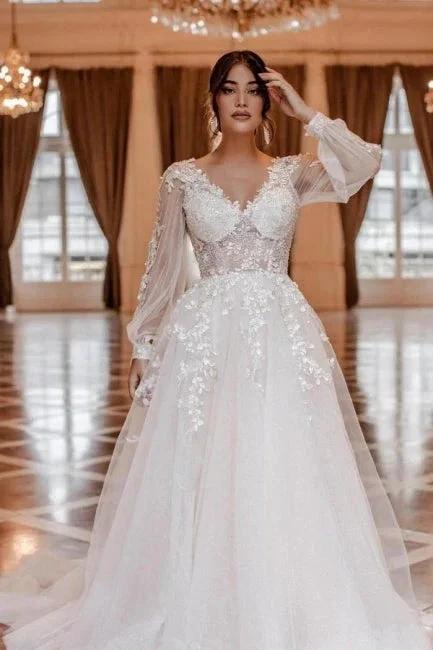 Modern A-line V-neck Lace Wedding Dresses With Long Sleeves (ZD16524)