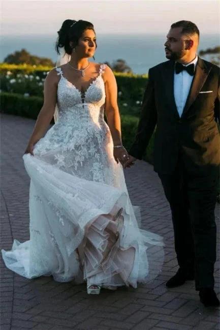 Modern V-neck Sleeveless A-line Wedding Dresses With Lace (ZD14635) - VelvetHem