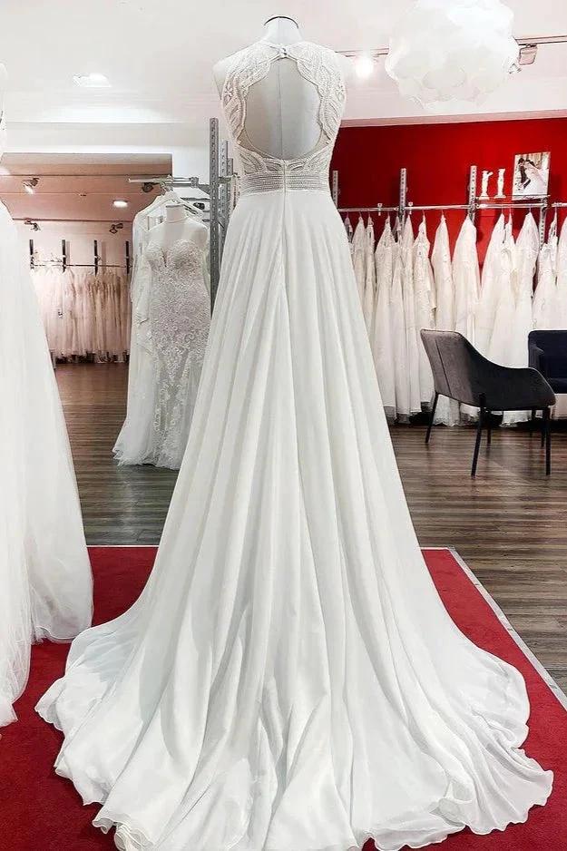 Modest Long A-line Chiffon Jewel Appliques Open Back Wedding Dress (ZD15256)