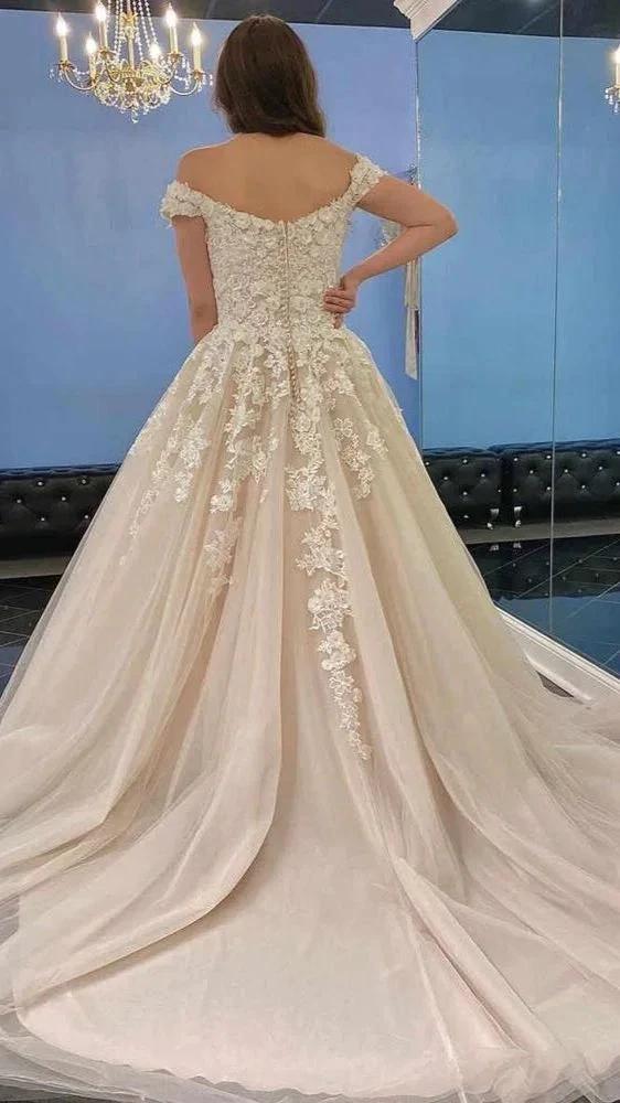 Modest Long A-line Off-the-Shoulder Tulle Lace Wedding Dress (ZD15176)