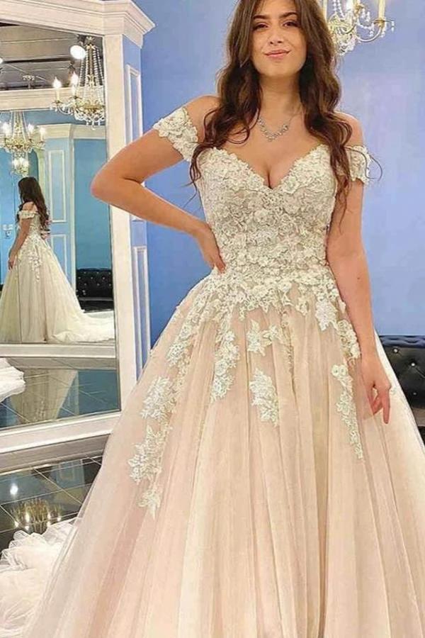 Modest Long A-line Off-the-Shoulder Tulle Lace Wedding Dress (ZD15176) - VelvetHem