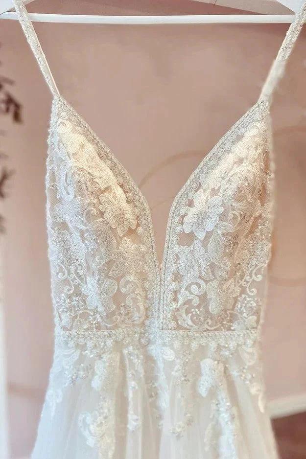 Modest Long A-line V-neck Spaghetti Straps Tulle Wedding Dress with Appliques Lace (ZD14444)