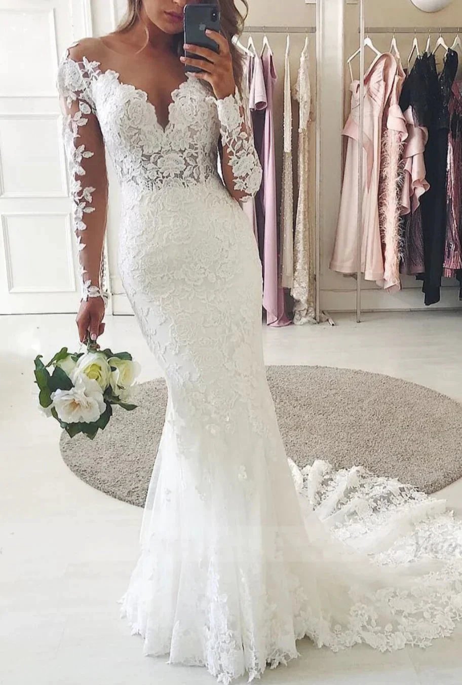 Modest Long Mermaid Sweetheart Lace Wedding Dress with Sleeves (ZD14344)