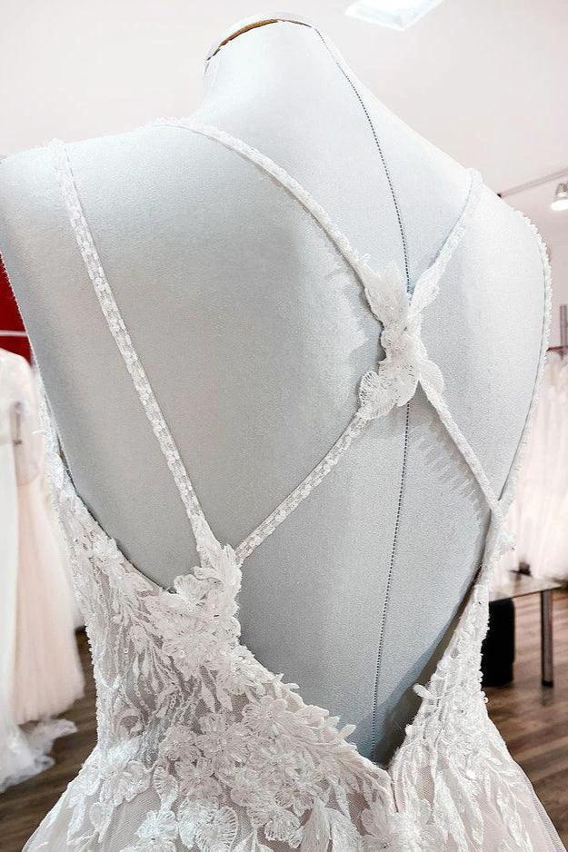 Modest Long Princess V-neck Tulle Spaghetti Straps Wedding Dress with Lace (ZD14450)