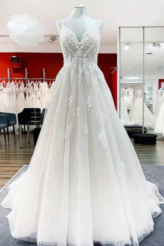 Modest Long Princess V-neck Tulle Spaghetti Straps Wedding Dress with Lace (ZD14450)