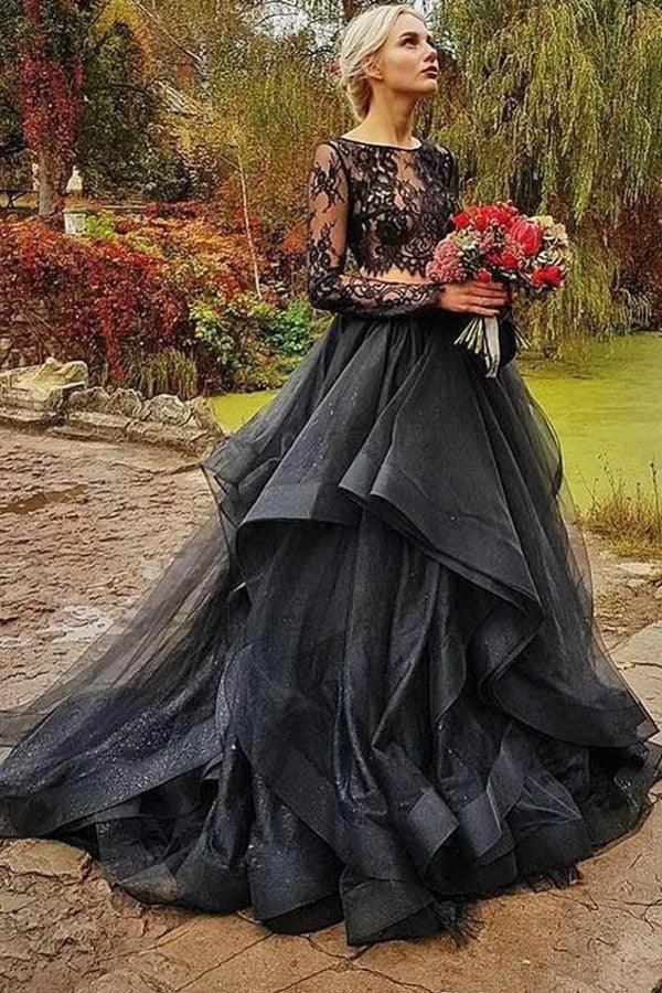 Modest Long Two Piece Tulle Lace Puffy Black Wedding Dress With Sleeves (ZD15126)