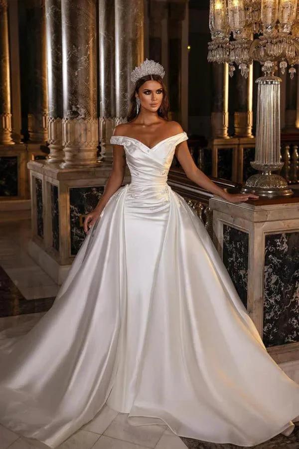 Modest Off-the-Shoulder Satin Wedding Dress with Detachable Sweep Train (ZD16418)