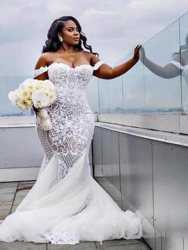 Modest Plus Size Long Mermaid Off-the-Shoulder Lace Wedding Dresses (ZD15837) - VelvetHem