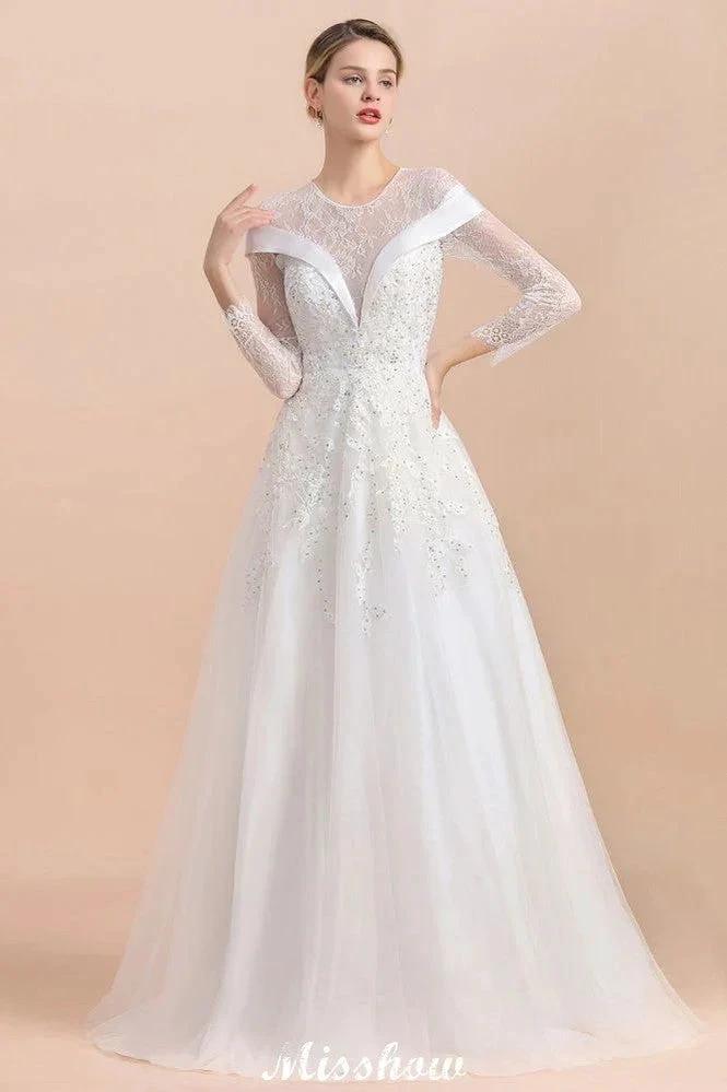 Modest White Beaded Appliques Wedding Dress Long Sleeve Floor Length Ball Gown (ZD13987)