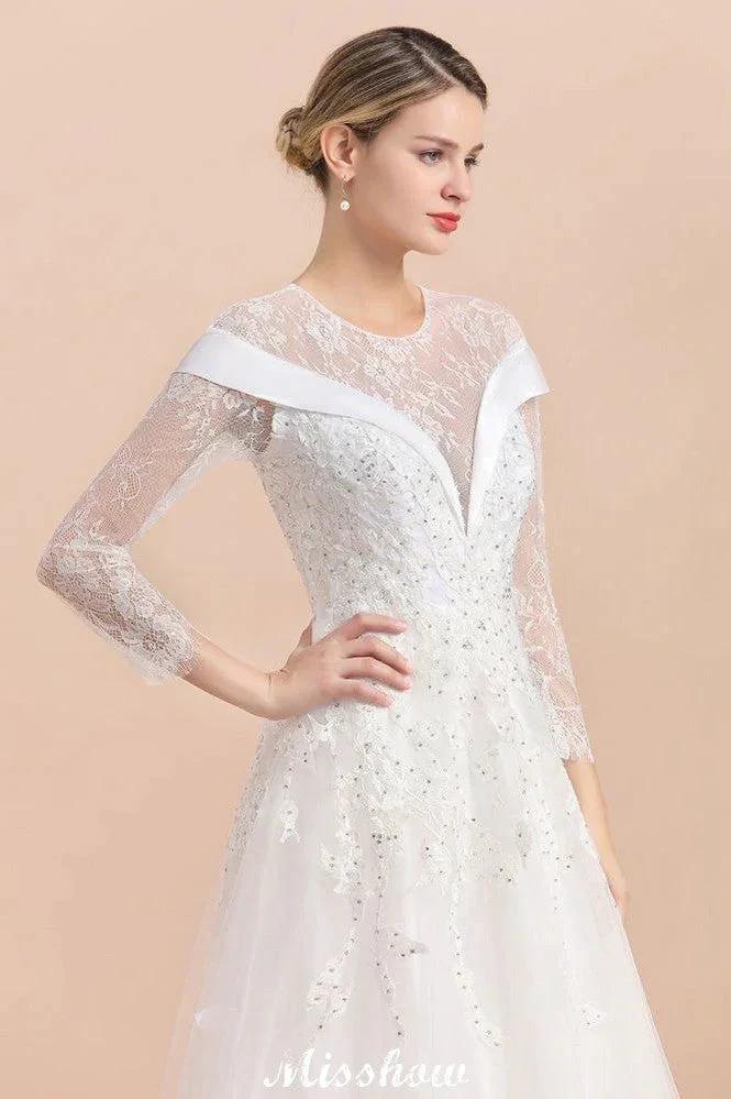 Modest White Beaded Appliques Wedding Dress Long Sleeve Floor Length Ball Gown (ZD13987)
