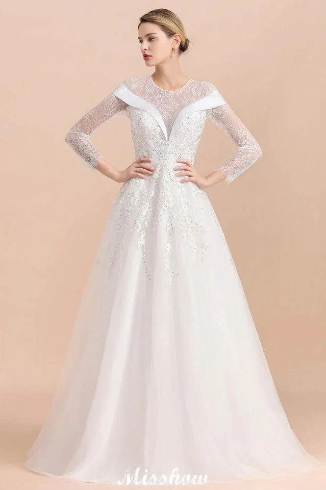 Modest White Beaded Appliques Wedding Dress Long Sleeve Floor Length Ball Gown (ZD13987)