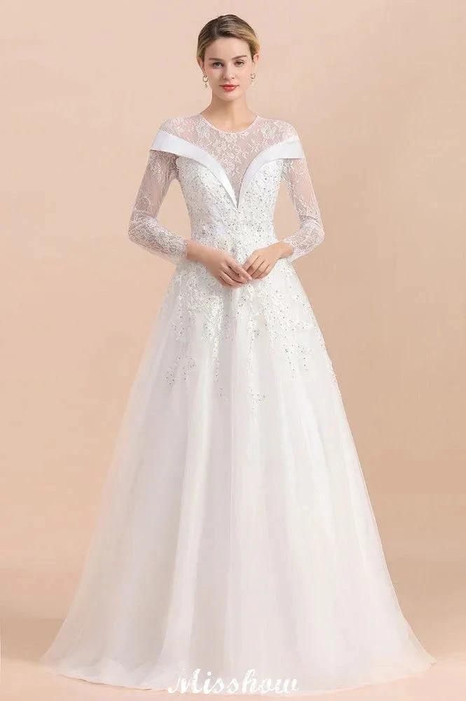 Modest White Beaded Appliques Wedding Dress Long Sleeve Floor Length Ball Gown by misshow.com