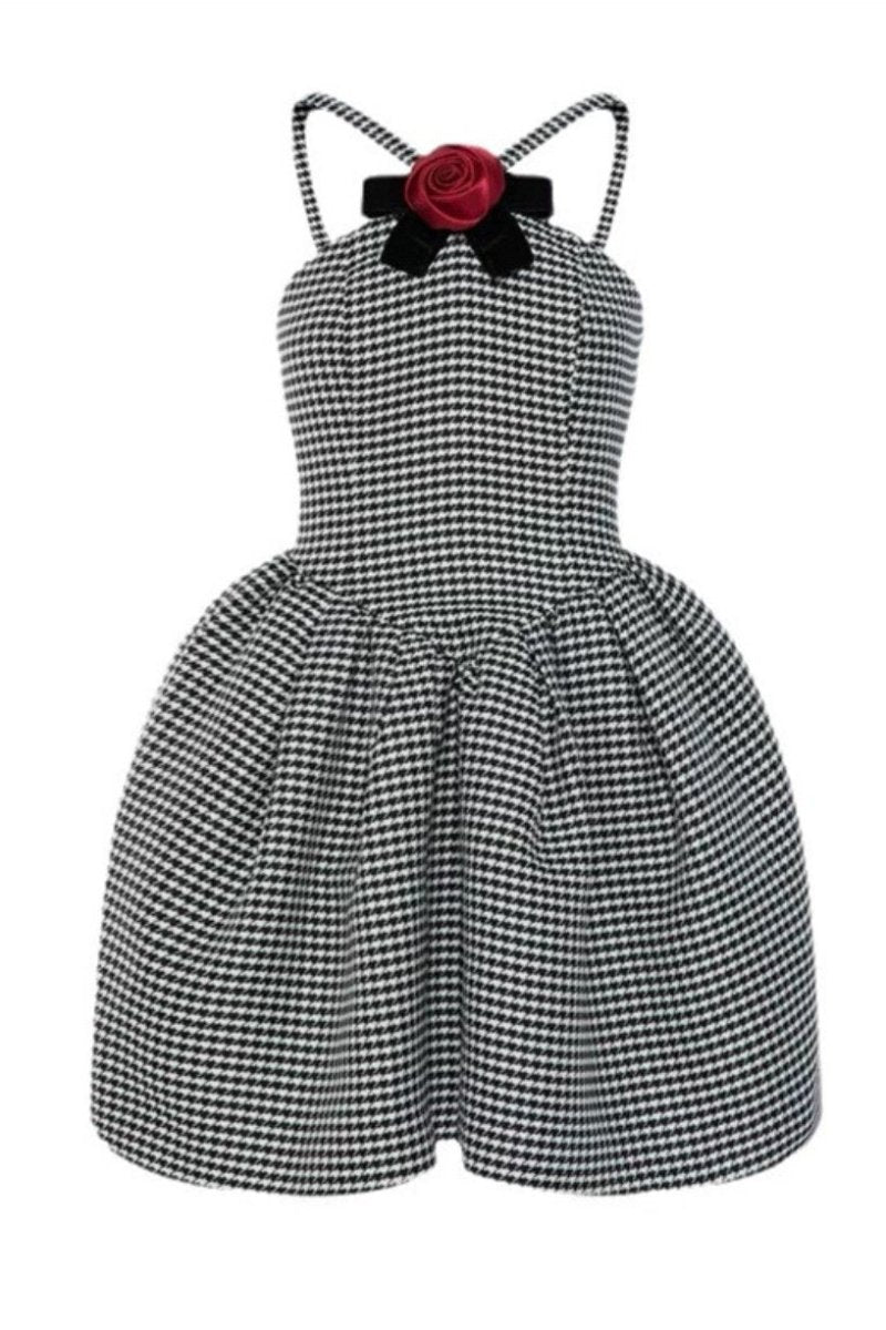 Harriet Elevated a Line Mini Dress with Houndstooth Rose Bow Trim Chic Silhouette Collection