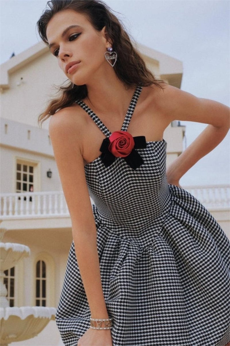 Harriet Elevated a Line Mini Dress with Houndstooth Rose Bow Trim Chic Silhouette Collection
