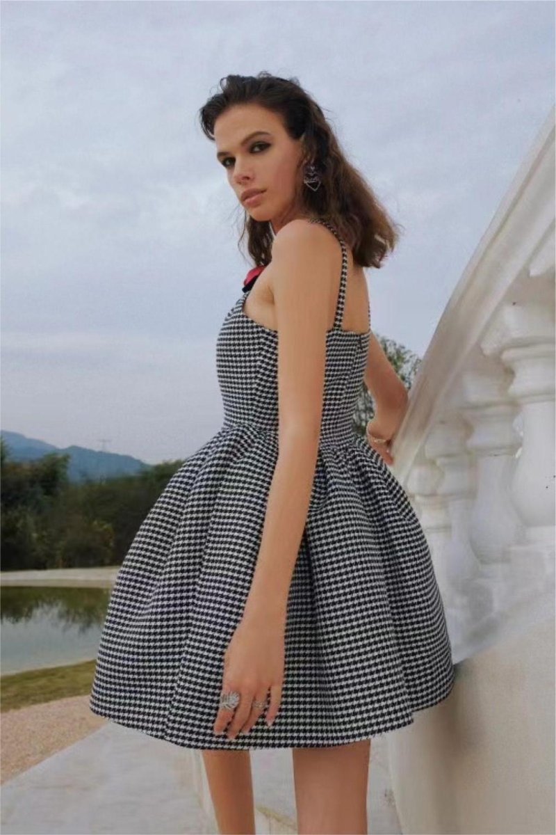 Harriet Elevated a Line Mini Dress with Houndstooth Rose Bow Trim Chic Silhouette Collection