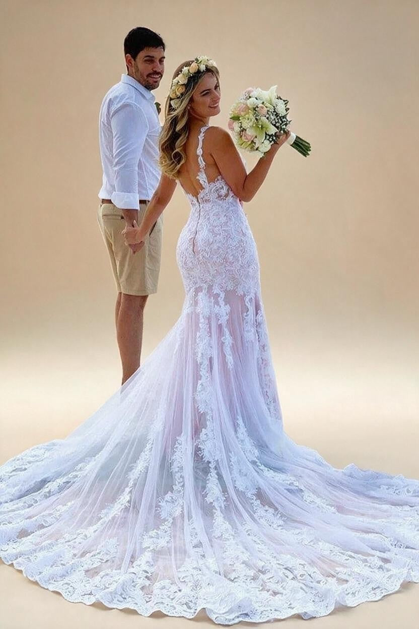 Beautiful Mermaid Tulle Spaghetti Straps Lace Appliques Wedding Dress