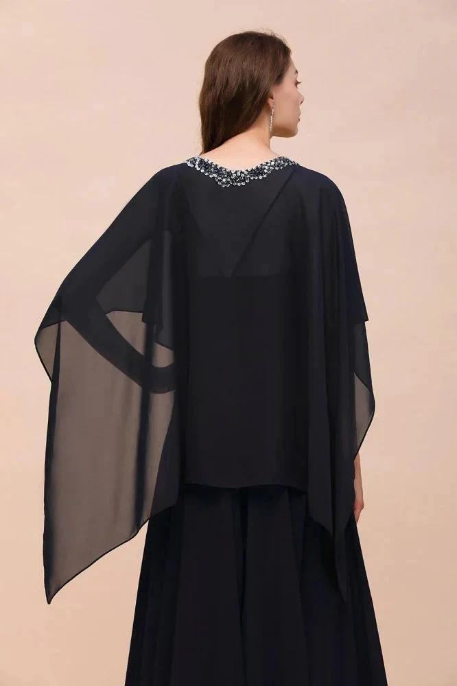 Navy Blue Bridesmaid Dress with Beading Wraps Floor Length Chiffon Maid of Honor Dress (ZD12995)